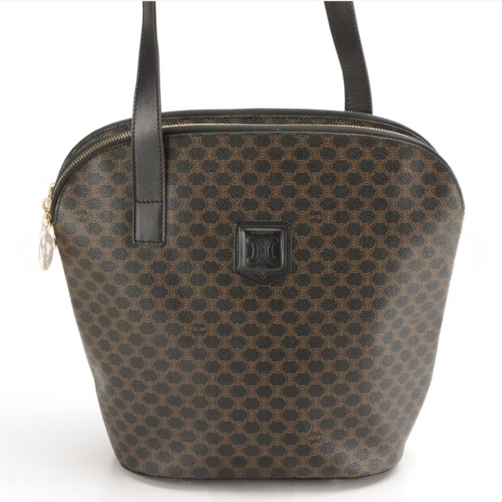 Celine | Double Zip Shoulder Tote Bag | Macadam Canvas & Black Leather | Vintage - Picture 2 of 16